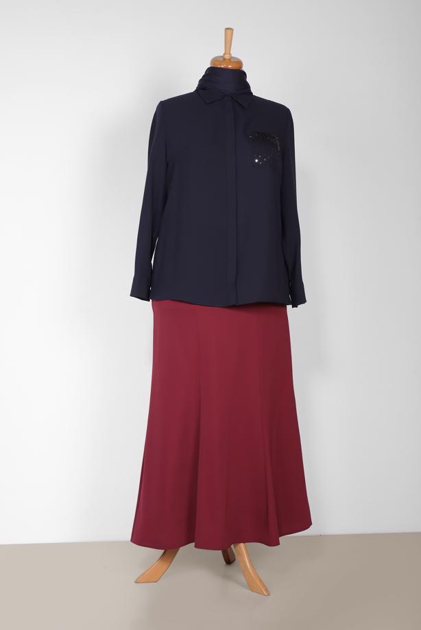 Vêtements hijab BLEU MARINE T 2867 ALVİNA NİL CREP BLUZ - TRENDTESETTÜR