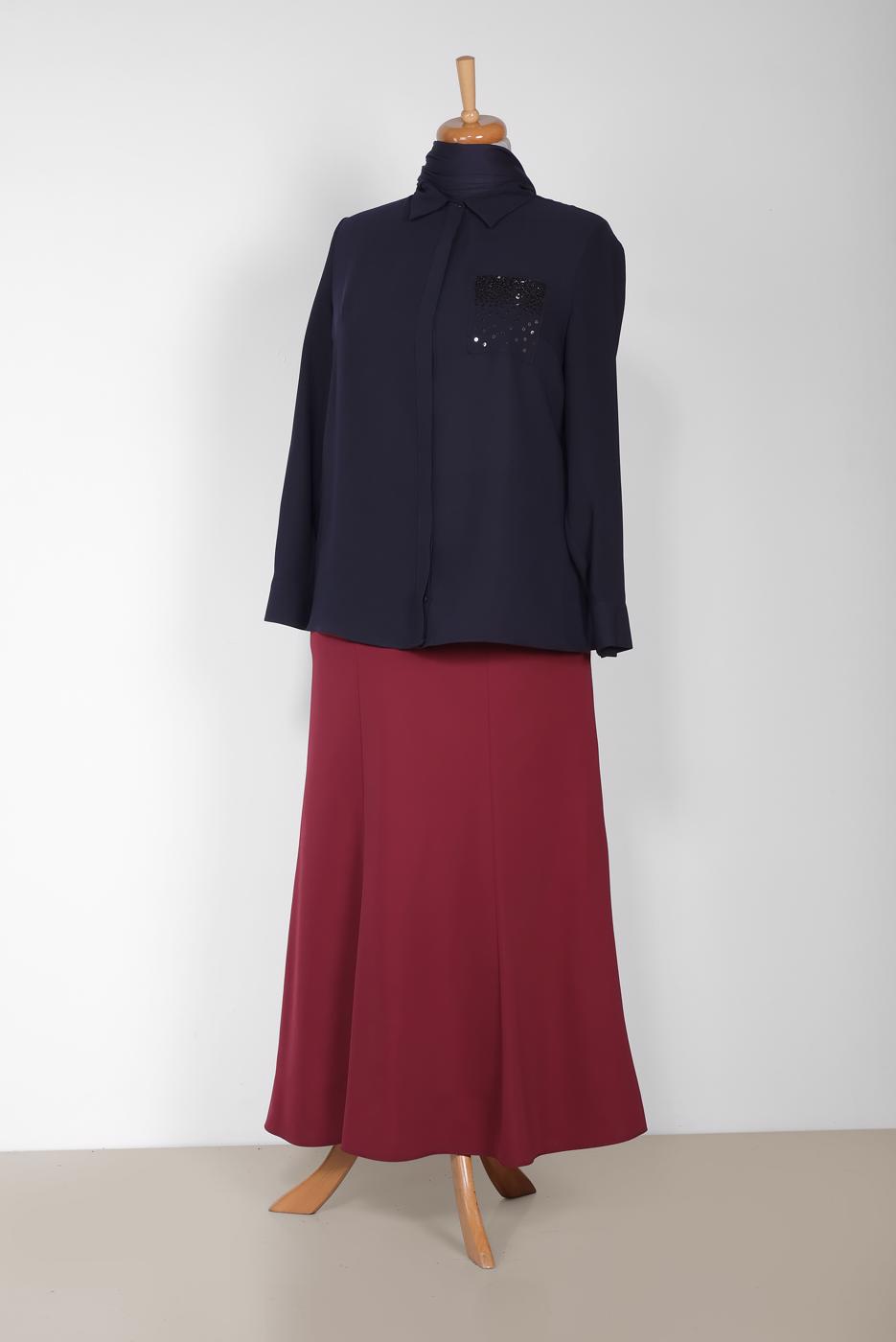 Tesettür giyim LACİVERT ALVİNA TAŞ BASKI DETAYLI ERKEK YAKA BLUZ 2867