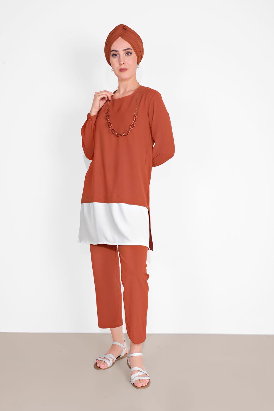 Tesettür giyim KAHVE MANŞETLERİ LASTİKLİ PANTOLONLU TAKIM  0221