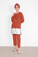 Tesettür giyim KAHVE MANŞETLERİ LASTİKLİ PANTOLONLU TAKIM  0221