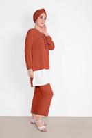 Tesettür giyim KAHVE MANŞETLERİ LASTİKLİ PANTOLONLU TAKIM  0221