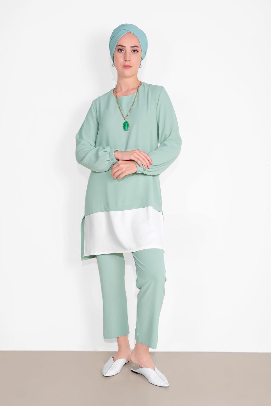 Tesettür giyim YEŞİL MANŞETLERİ LASTİKLİ PANTOLONLU TAKIM  0221