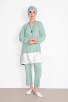 Tesettür giyim YEŞİL MANŞETLERİ LASTİKLİ PANTOLONLU TAKIM  0221