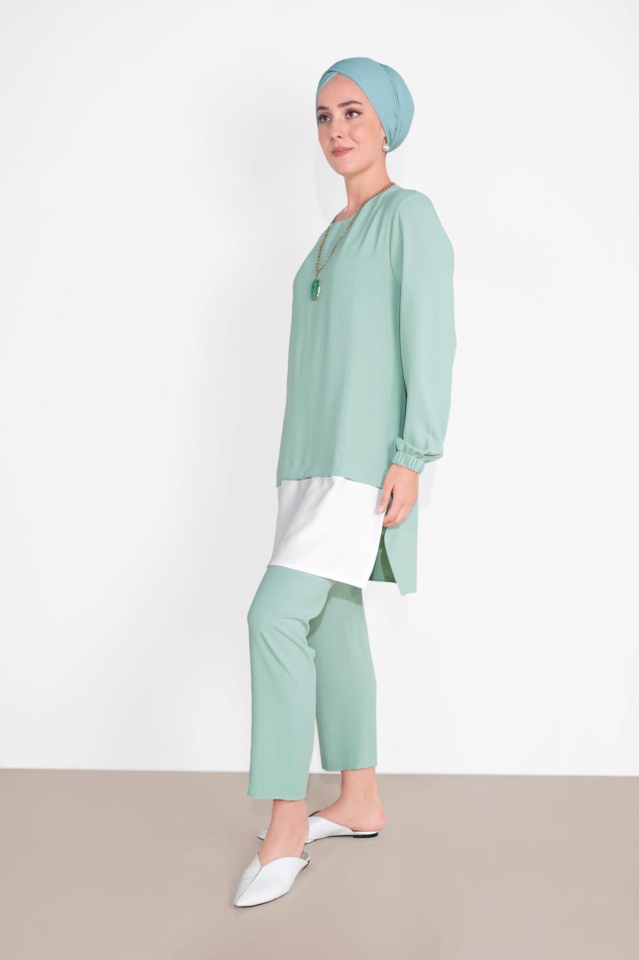 Tesettür giyim YEŞİL MANŞETLERİ LASTİKLİ PANTOLONLU TAKIM  0221