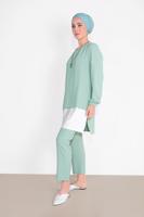 Tesettür giyim YEŞİL MANŞETLERİ LASTİKLİ PANTOLONLU TAKIM  0221