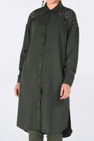 Tesettür giyim HAKİ OMUZLARI NAKIŞLI YANLARI YIRTMAÇLI TUNİK 4760 