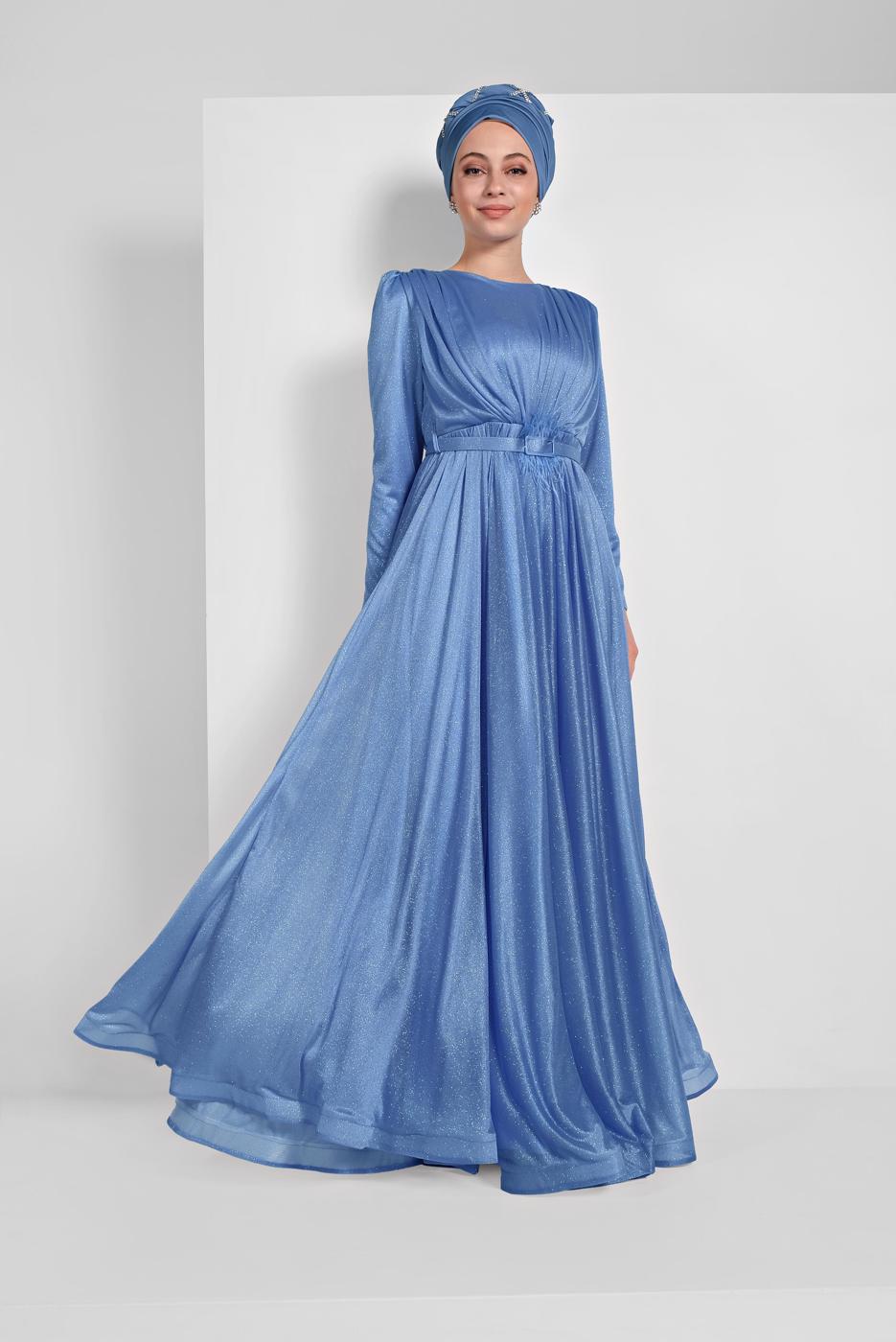 Hijab clothing BLUE FLOUNCED-HEM BELTED SPARKLY GOWN DRESS 001100 