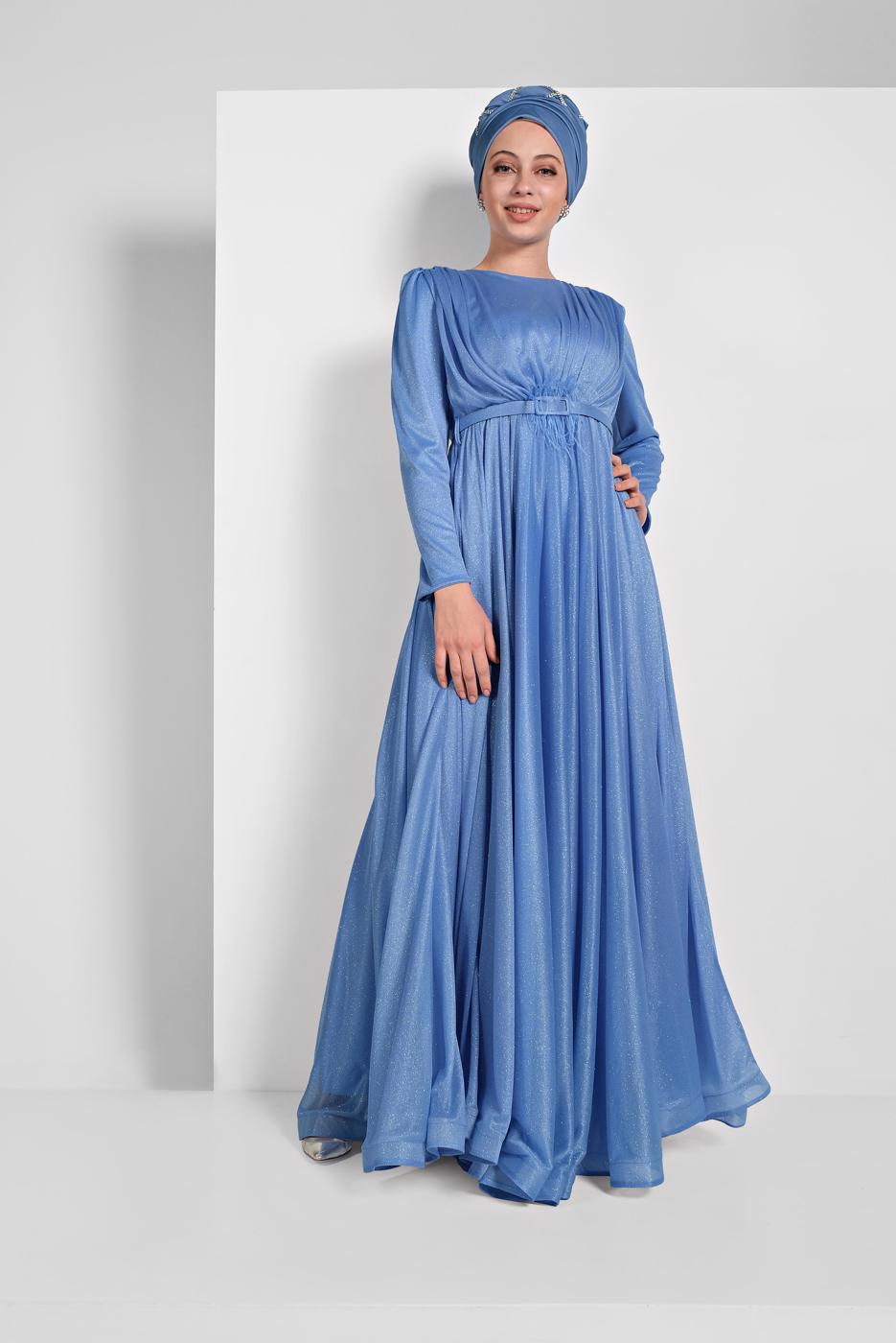 Hijab clothing BLUE FLOUNCED-HEM BELTED SPARKLY GOWN DRESS 001100 