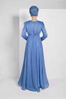 Hijab clothing BLUE FLOUNCED-HEM BELTED SPARKLY GOWN DRESS 001100 