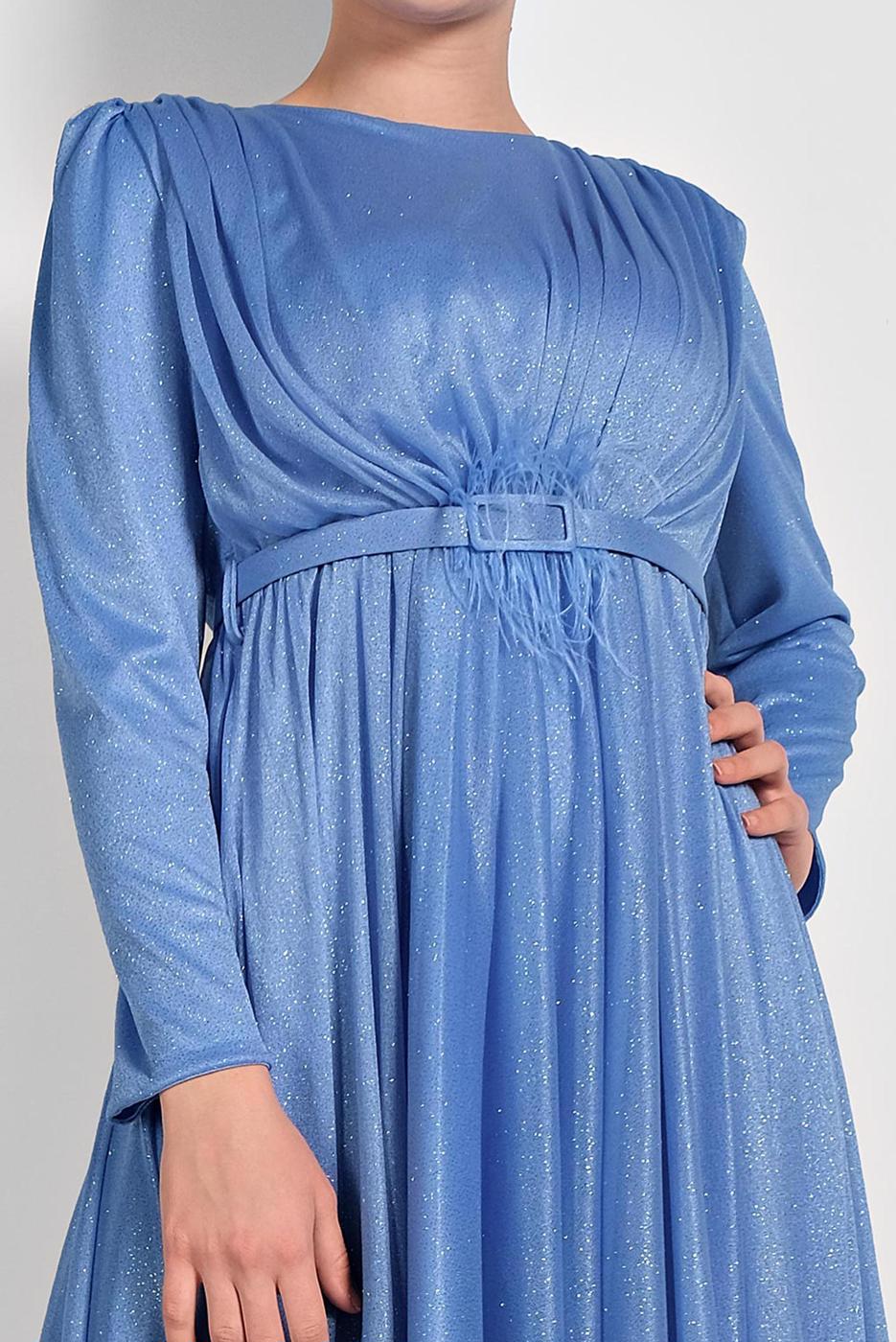 Hijab clothing BLUE FLOUNCED-HEM BELTED SPARKLY GOWN DRESS 001100 