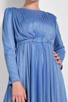 Hijab clothing BLUE FLOUNCED-HEM BELTED SPARKLY GOWN DRESS 001100 