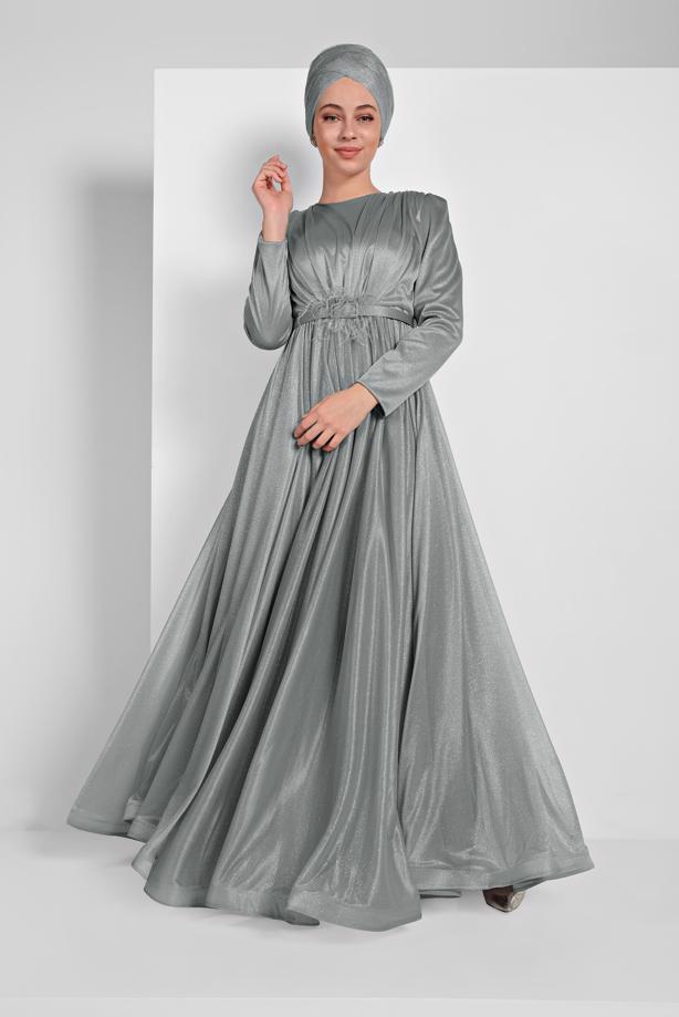 Vêtements hijab  FLOUNCED-HEM BELTED SPARKLY GOWN DRESS 001100  - TRENDTESETTÜR