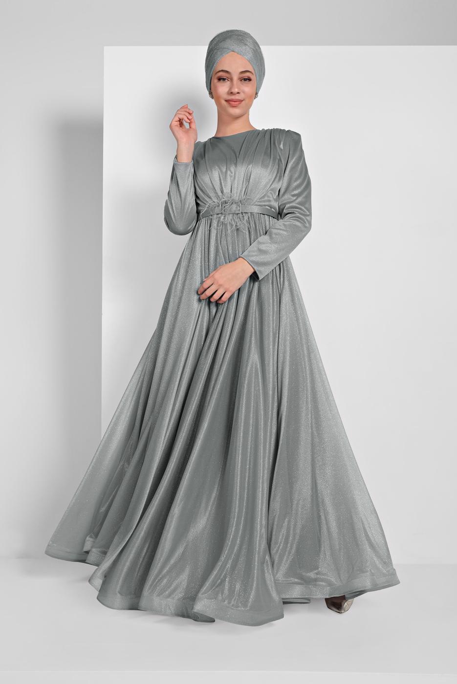 Hijab clothing GREY FLOUNCED-HEM BELTED SPARKLY GOWN DRESS 001100 