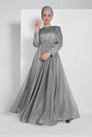 Hijab clothing GREY FLOUNCED-HEM BELTED SPARKLY GOWN DRESS 001100 
