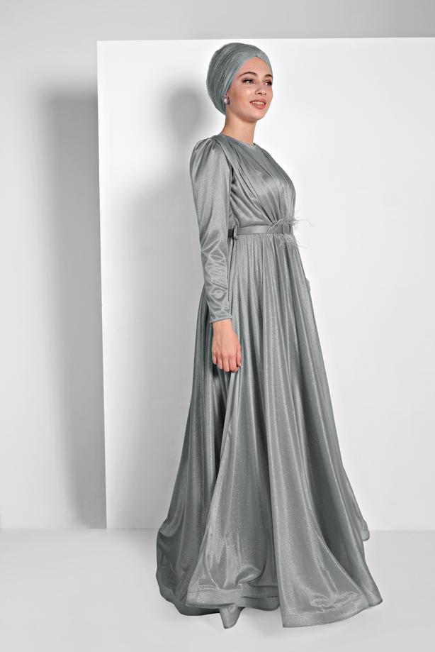 Vêtements hijab  FLOUNCED-HEM BELTED SPARKLY GOWN DRESS 001100  - TRENDTESETTÜR
