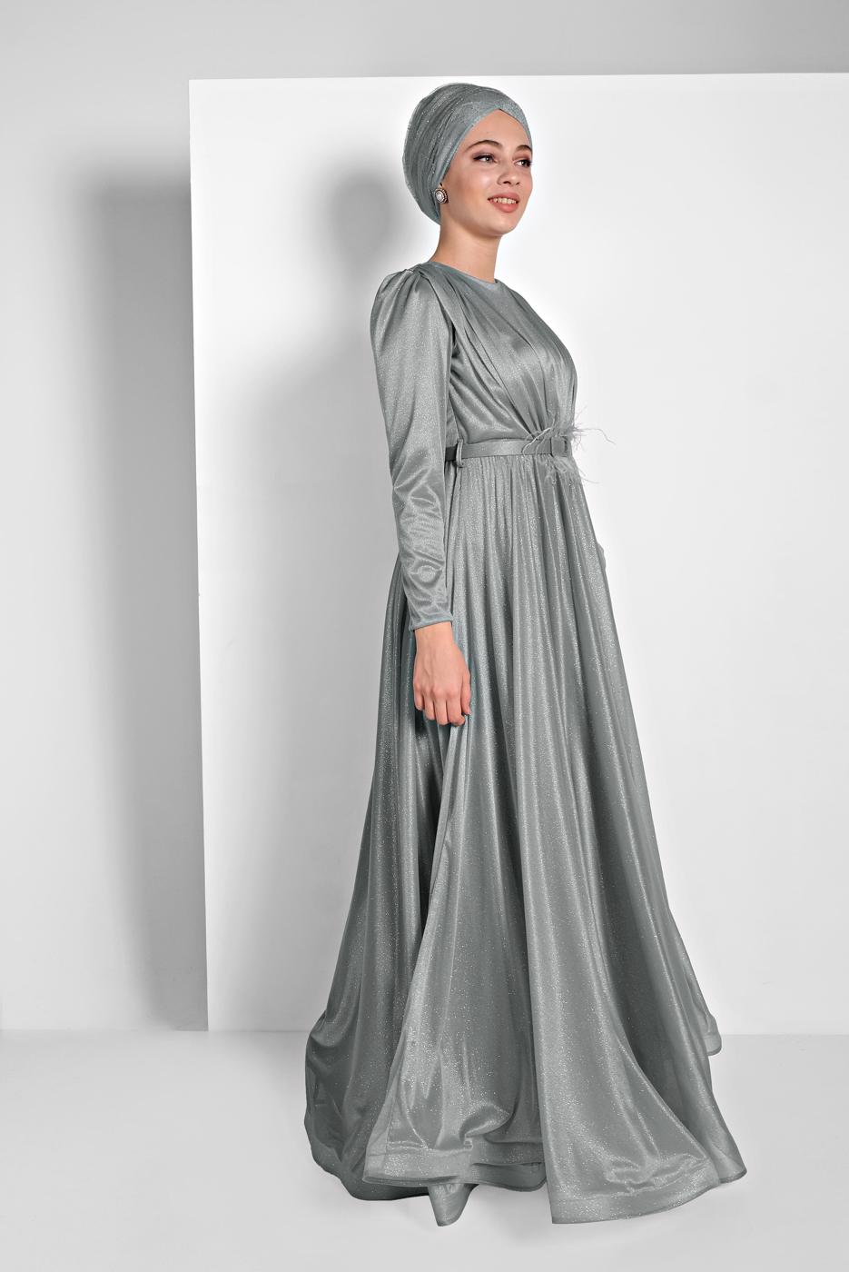 Hijab clothing GREY FLOUNCED-HEM BELTED SPARKLY GOWN DRESS 001100 