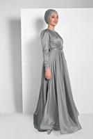 Hijab clothing GREY FLOUNCED-HEM BELTED SPARKLY GOWN DRESS 001100 