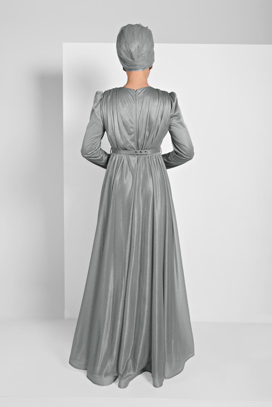 Hijab clothing GREY FLOUNCED-HEM BELTED SPARKLY GOWN DRESS 001100 