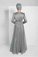 Hijab clothing GREY FLOUNCED-HEM BELTED SPARKLY GOWN DRESS 001100 
