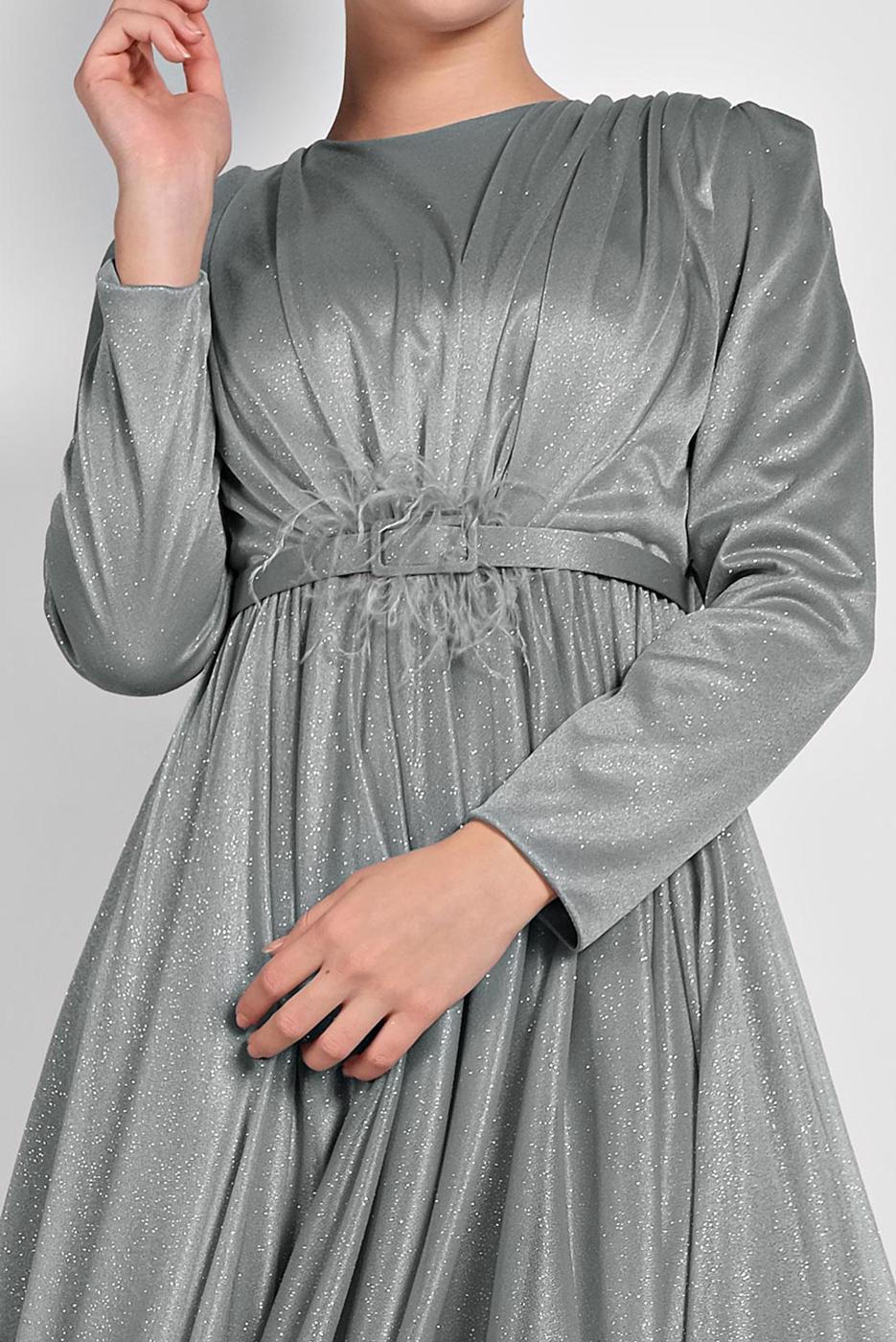 Hijab clothing GREY FLOUNCED-HEM BELTED SPARKLY GOWN DRESS 001100 