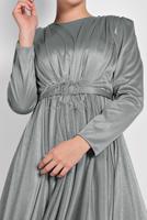 Hijab clothing GREY FLOUNCED-HEM BELTED SPARKLY GOWN DRESS 001100 