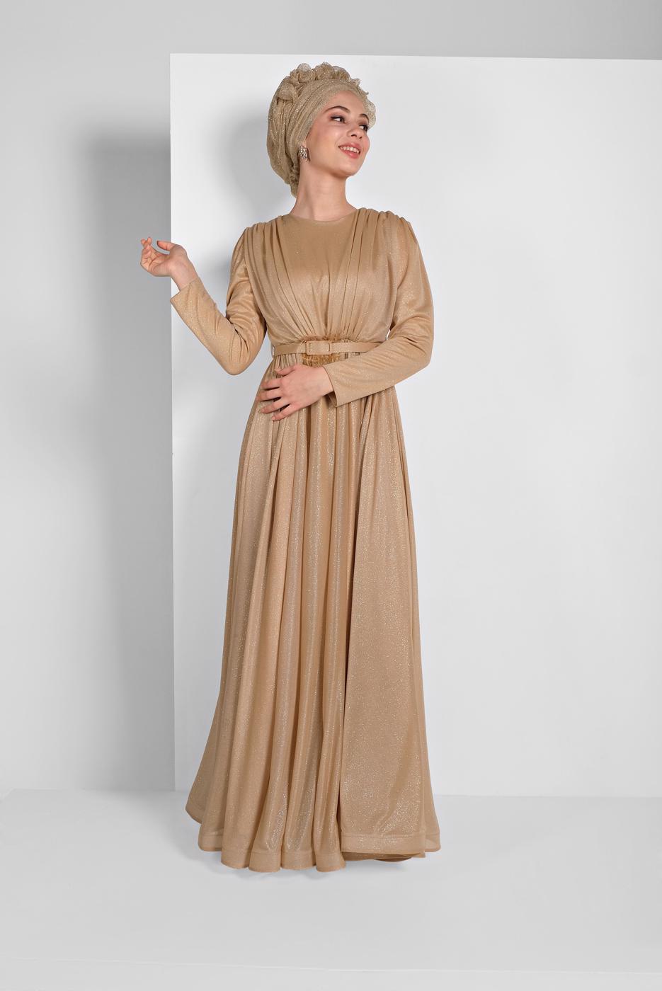 Hijab clothing GOLD FLOUNCED-HEM BELTED SPARKLY GOWN DRESS 001100 