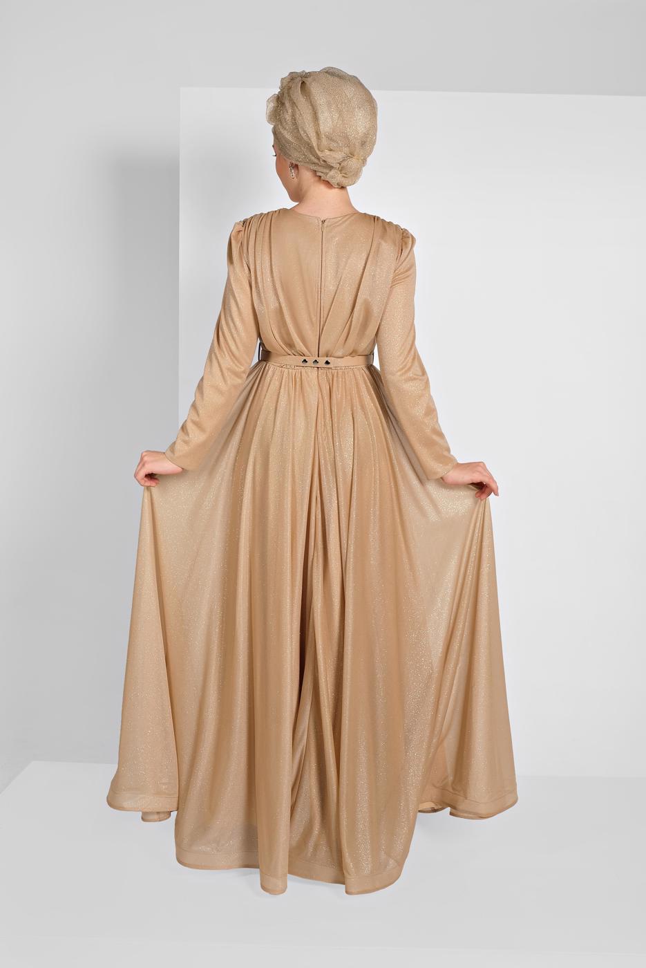 Hijab clothing GOLD FLOUNCED-HEM BELTED SPARKLY GOWN DRESS 001100 