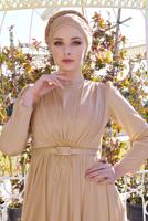 Hijab clothing POWDER FLOUNCED-HEM BELTED SPARKLY GOWN DRESS 001100 