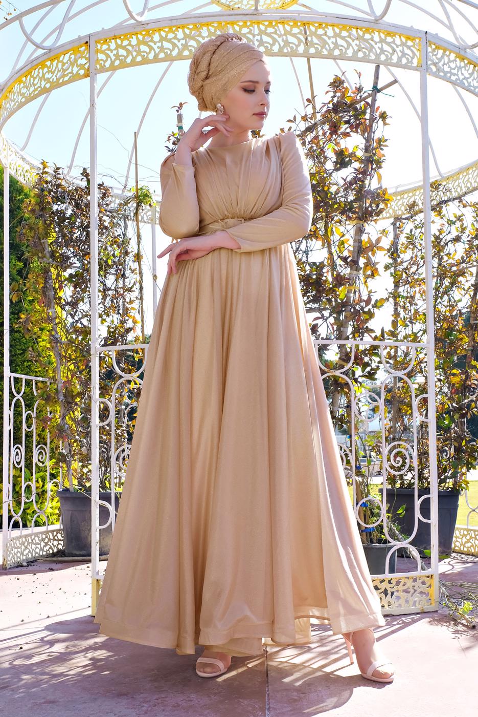 Hijab clothing POWDER FLOUNCED-HEM BELTED SPARKLY GOWN DRESS 001100 