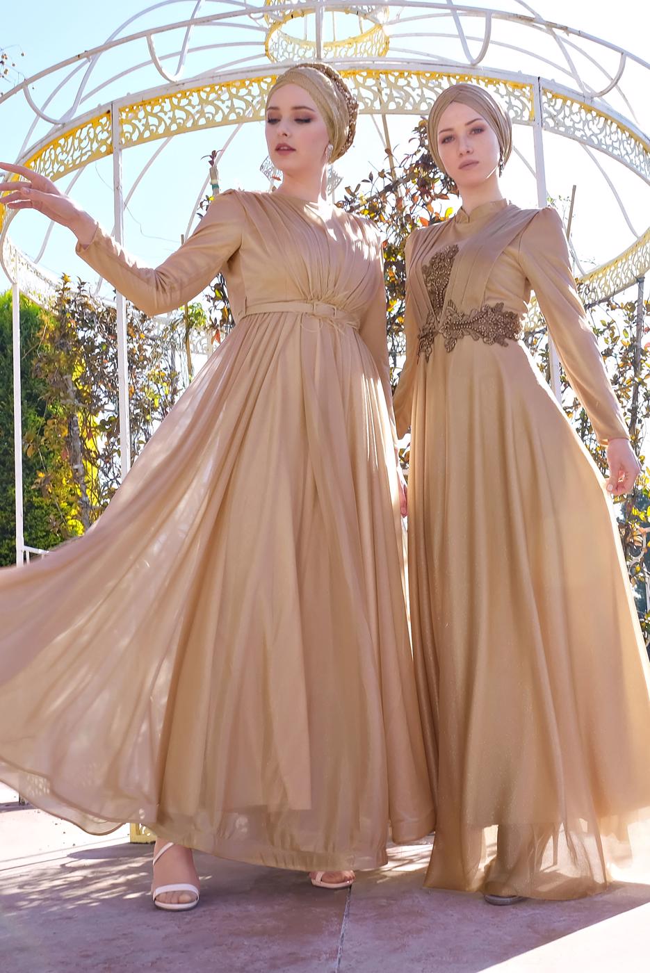 Hijab clothing POWDER FLOUNCED-HEM BELTED SPARKLY GOWN DRESS 001100 