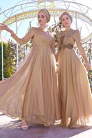 Hijab clothing POWDER FLOUNCED-HEM BELTED SPARKLY GOWN DRESS 001100 