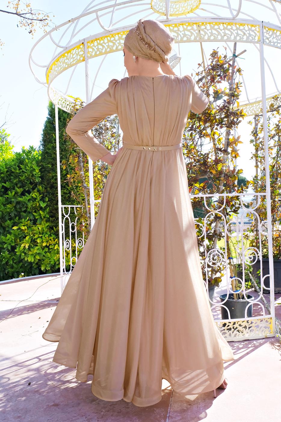 Hijab clothing POWDER FLOUNCED-HEM BELTED SPARKLY GOWN DRESS 001100 