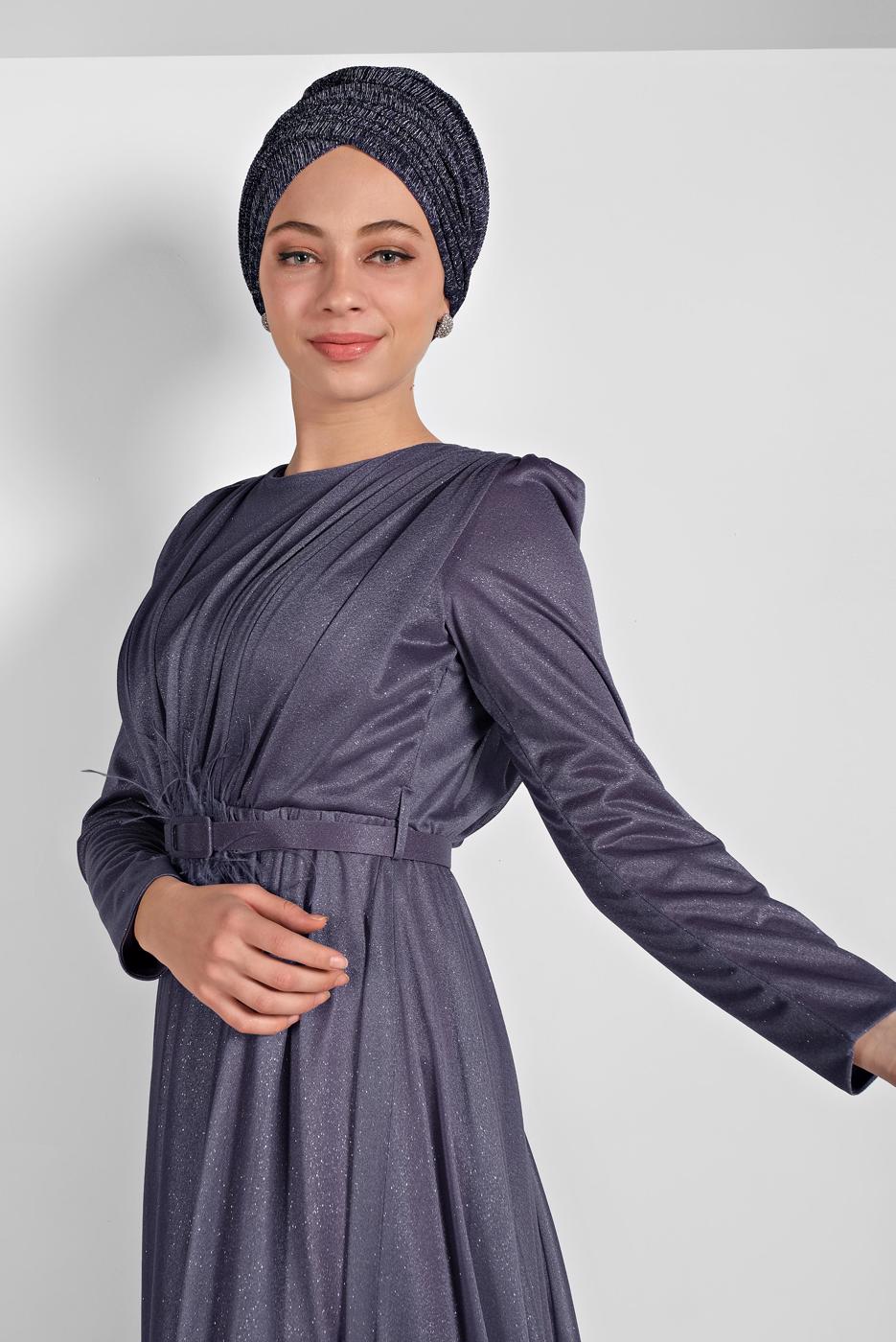 Vêtements hijab POURPRE ROBE SOIRÉE BRILLANTTE OURLET À VOLANTS AVEC CEINTURE 001100 