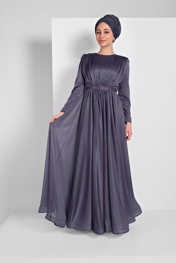 Vêtements hijab  FLOUNCED-HEM BELTED SPARKLY GOWN DRESS 001100  - TRENDTESETTÜR