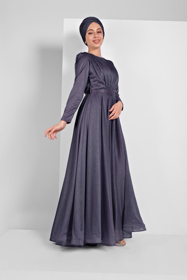 Vêtements hijab  FLOUNCED-HEM BELTED SPARKLY GOWN DRESS 001100  - TRENDTESETTÜR