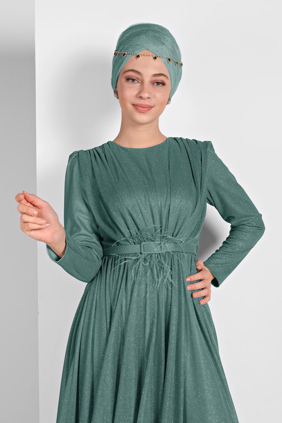 Tesettür giyim YEŞİL ETEK UCU VOLANLI KEMERLİ SİMLİ ABİYE ELBİSE 001100