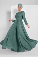 Tesettür giyim YEŞİL ETEK UCU VOLANLI KEMERLİ SİMLİ ABİYE ELBİSE 001100