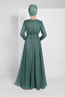 Tesettür giyim YEŞİL ETEK UCU VOLANLI KEMERLİ SİMLİ ABİYE ELBİSE 001100