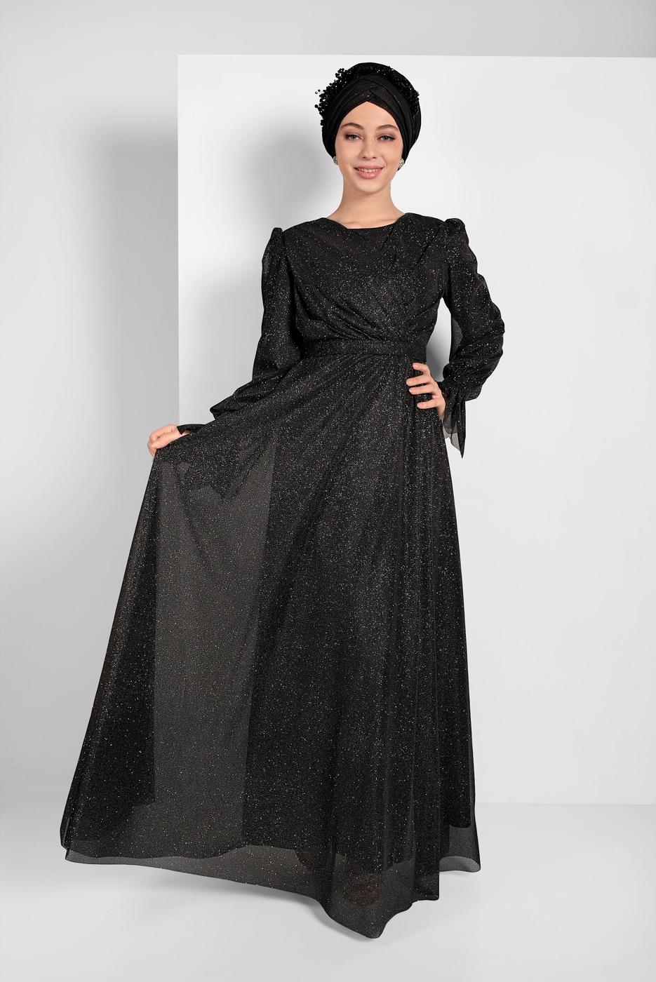Vêtements hijab NOIR ROBE DE SOIRÉE EN TULLE RUCHÉE 1710