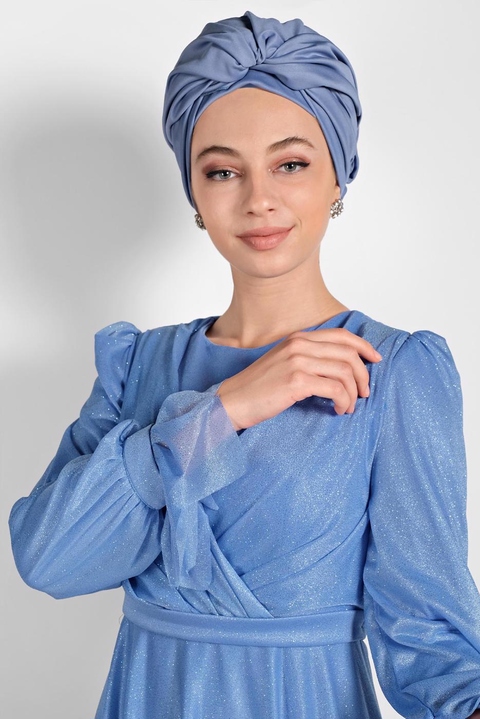 Tesettür giyim MAVİ KOLLARI FIRFIRLI SİMLİ TÜL ABİYE ELBİSE 1710