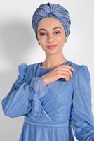 Tesettür giyim MAVİ KOLLARI FIRFIRLI SİMLİ TÜL ABİYE ELBİSE 1710