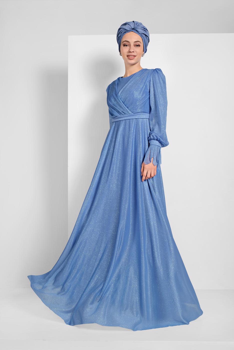 Tesettür giyim MAVİ KOLLARI FIRFIRLI SİMLİ TÜL ABİYE ELBİSE 1710