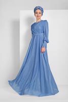 Tesettür giyim MAVİ KOLLARI FIRFIRLI SİMLİ TÜL ABİYE ELBİSE 1710