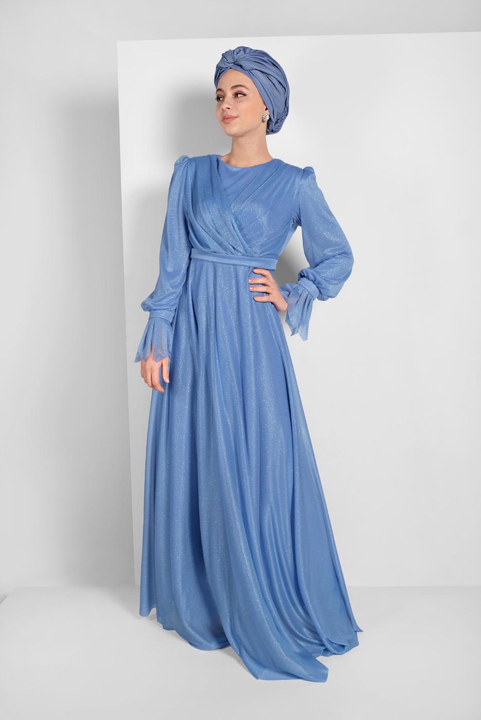 Tesettür giyim MAVİ KOLLARI FIRFIRLI SİMLİ TÜL ABİYE ELBİSE 1710