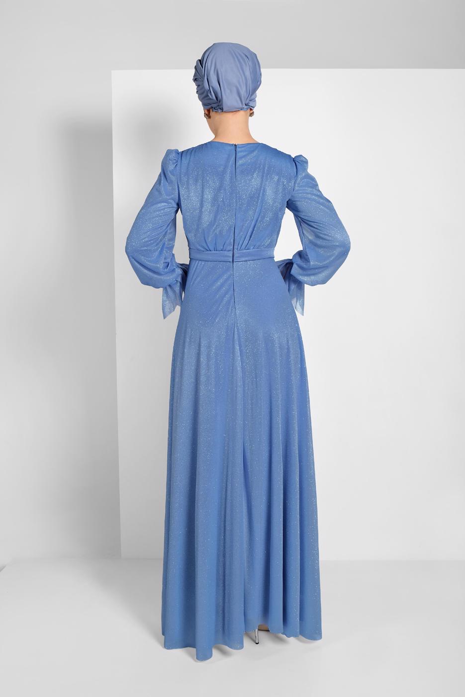 Tesettür giyim MAVİ KOLLARI FIRFIRLI SİMLİ TÜL ABİYE ELBİSE 1710