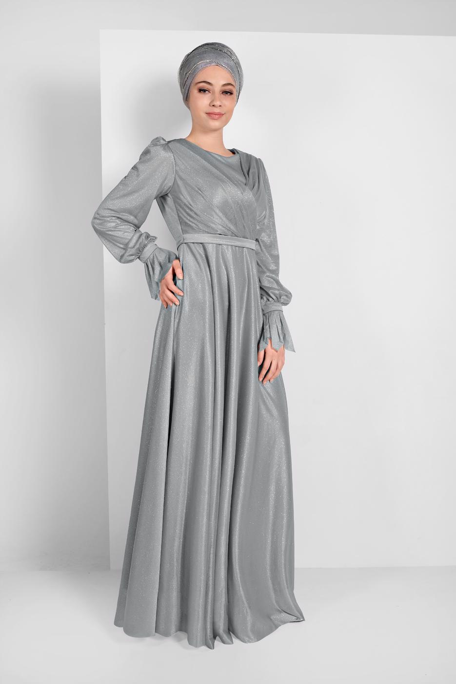 Vêtements hijab GRIS ROBE DE SOIRÉE EN TULLE RUCHÉE 1710
