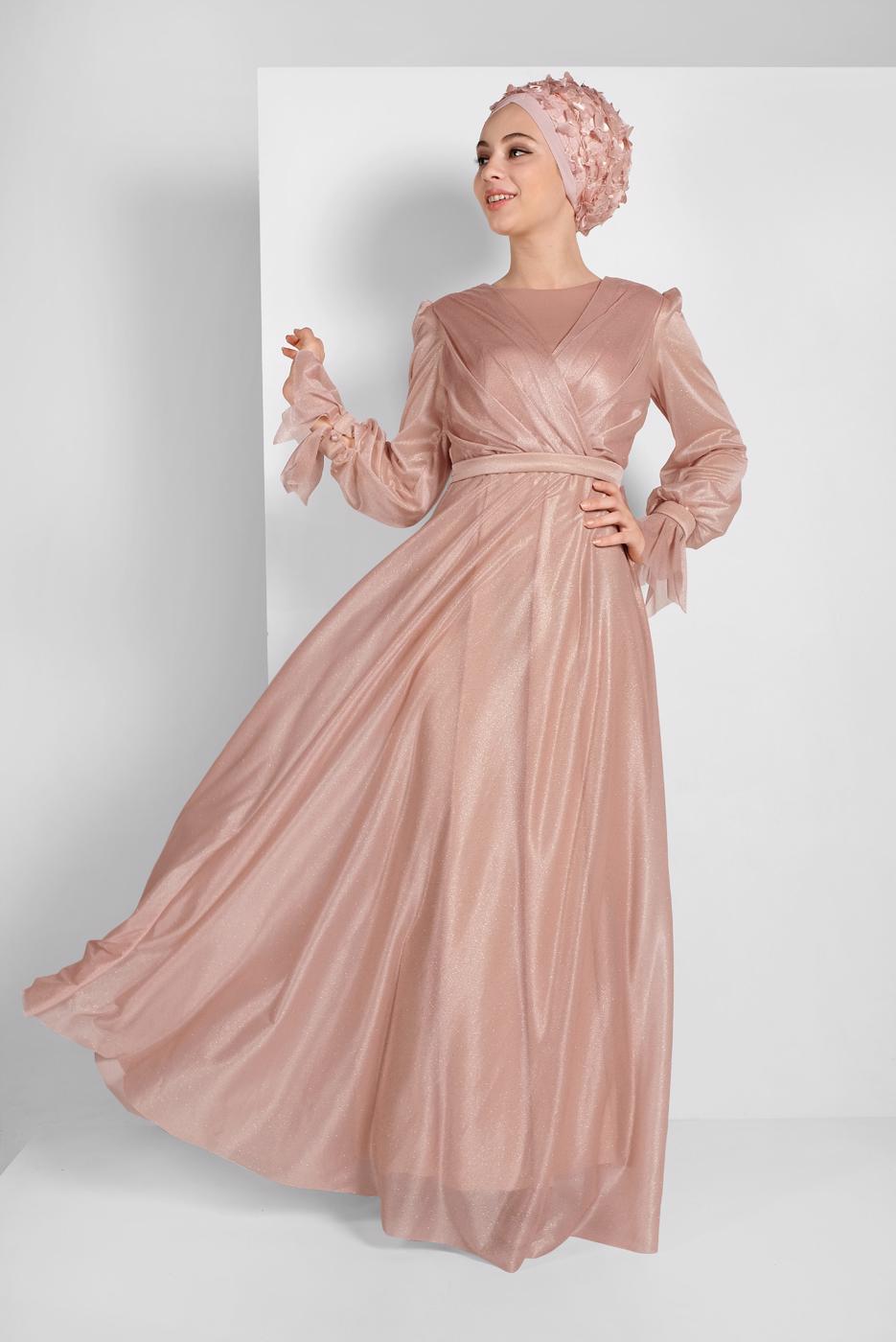 Tesettür giyim PUDRA KOLLARI FIRFIRLI SİMLİ TÜL ABİYE ELBİSE 1710