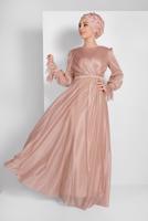 Tesettür giyim PUDRA KOLLARI FIRFIRLI SİMLİ TÜL ABİYE ELBİSE 1710