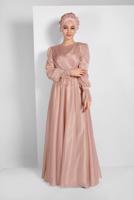 Tesettür giyim PUDRA KOLLARI FIRFIRLI SİMLİ TÜL ABİYE ELBİSE 1710