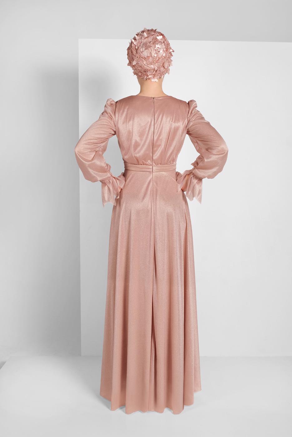 Tesettür giyim PUDRA KOLLARI FIRFIRLI SİMLİ TÜL ABİYE ELBİSE 1710